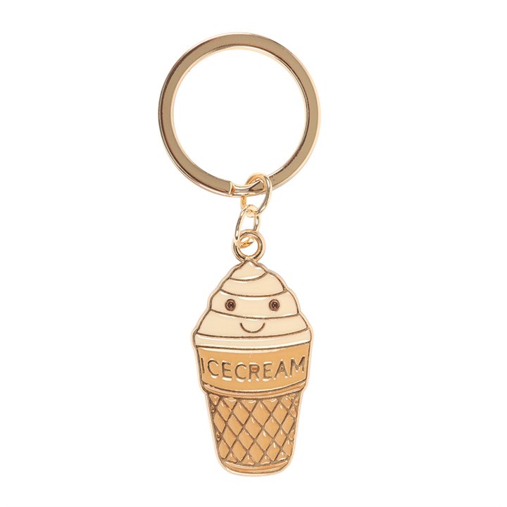 Cute enamel ice cream cone keyring on white background