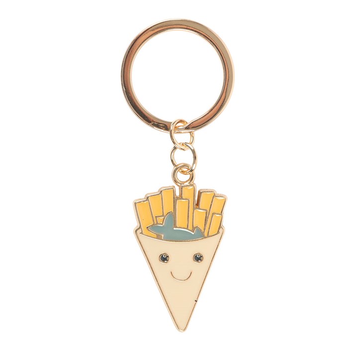 Enamel fish and chips cone keyring on white background