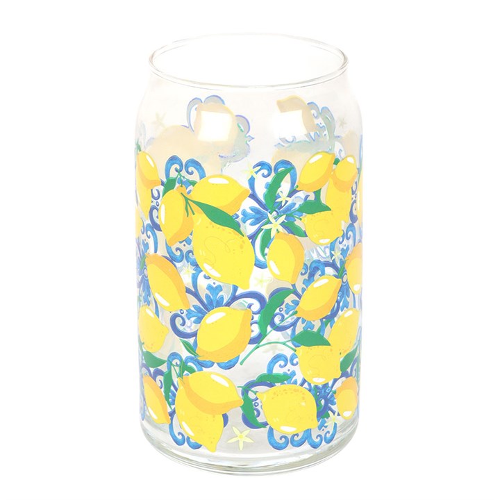 Clear can-shaped glass with yellow lemon pattern, 500ml, Mediterranean style on white background