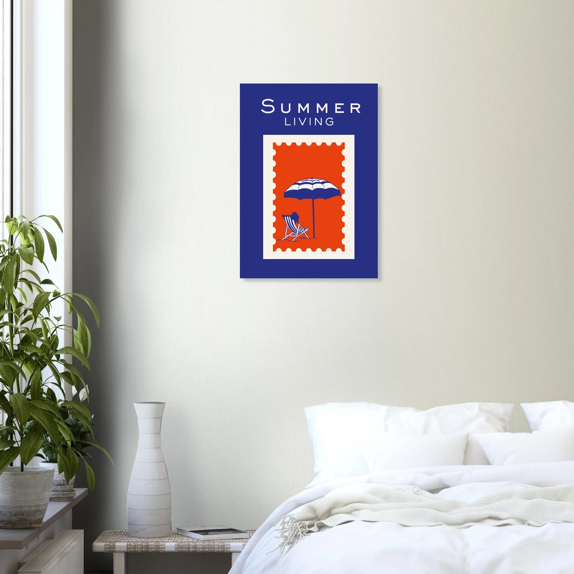 Retro postage stamp styled travel art print reading Summer Living featuring a blue and white striped deckchair and sun umbrella graphic over a red stamp with a cobalt blue background.