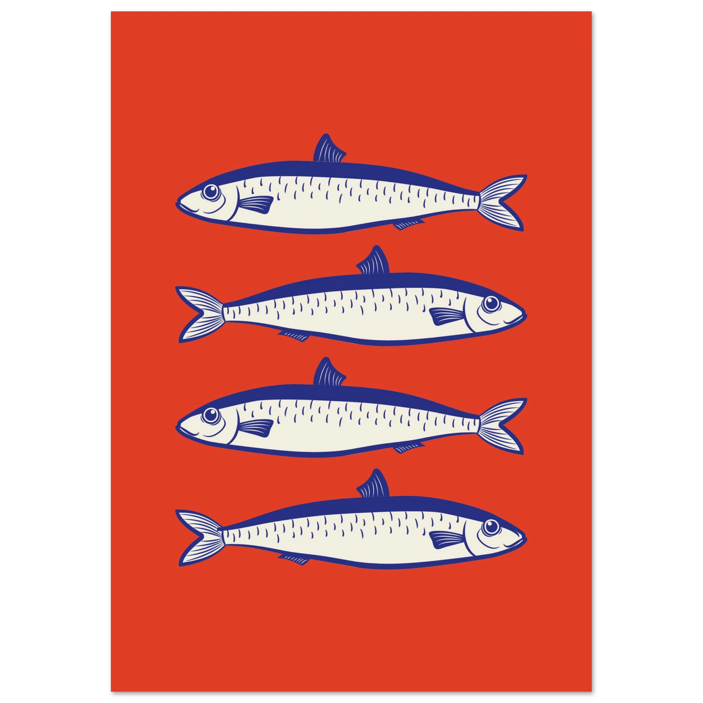 Aesthetic coastal art print featuring a vertical stack of four blue and white sardine fish illustrations over a bold, solid red background.