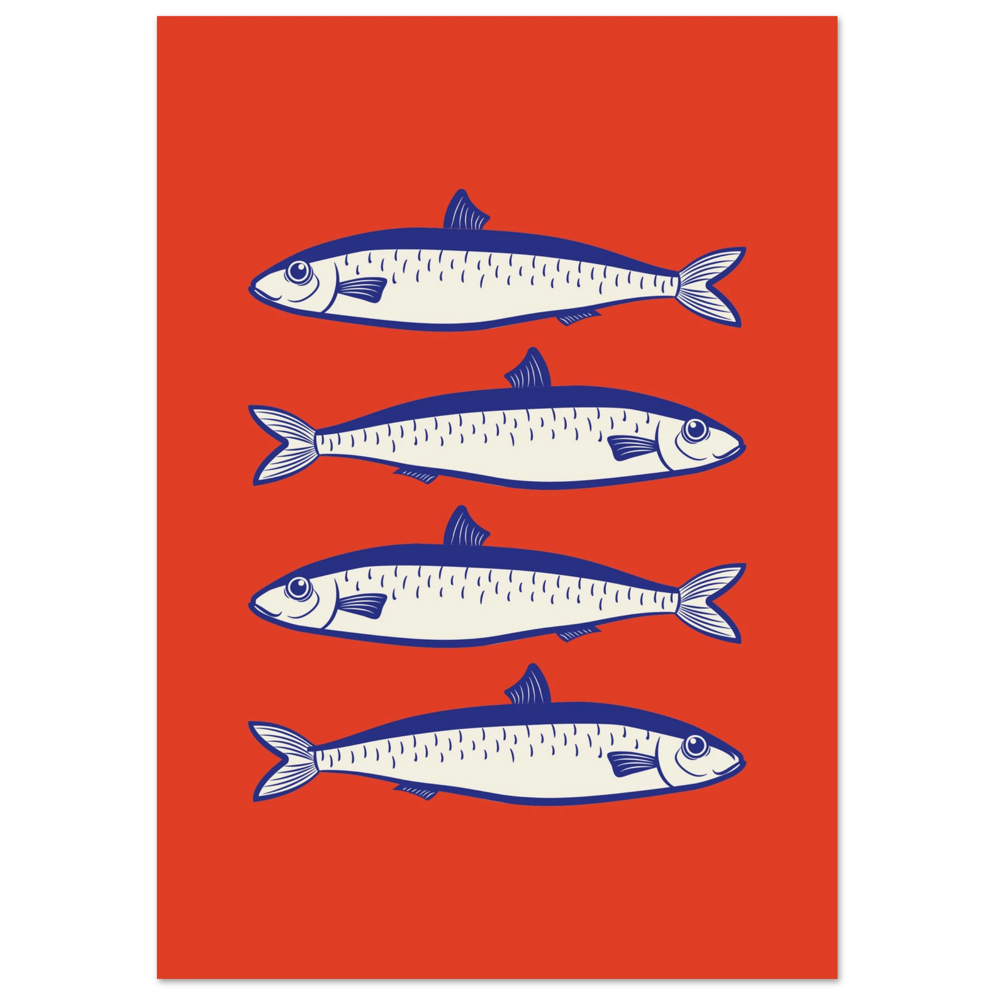 Aesthetic coastal art print featuring a vertical stack of four blue and white sardine fish illustrations over a bold, solid red background.