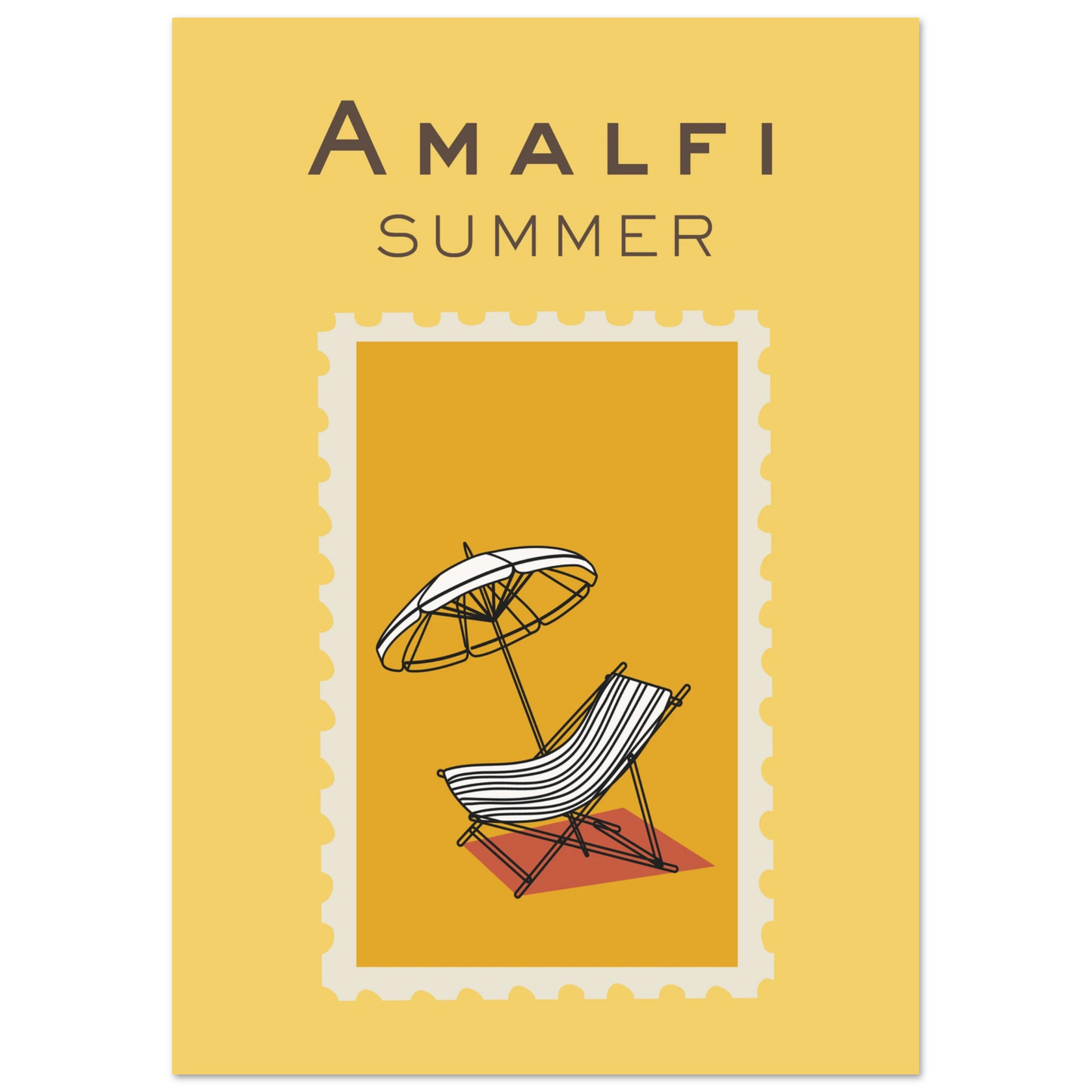Retro postage stamp styled travel art print titled Amalfi Summer featuring an illustration of a beach deckchair and sun umbrella on a bright yellow background
