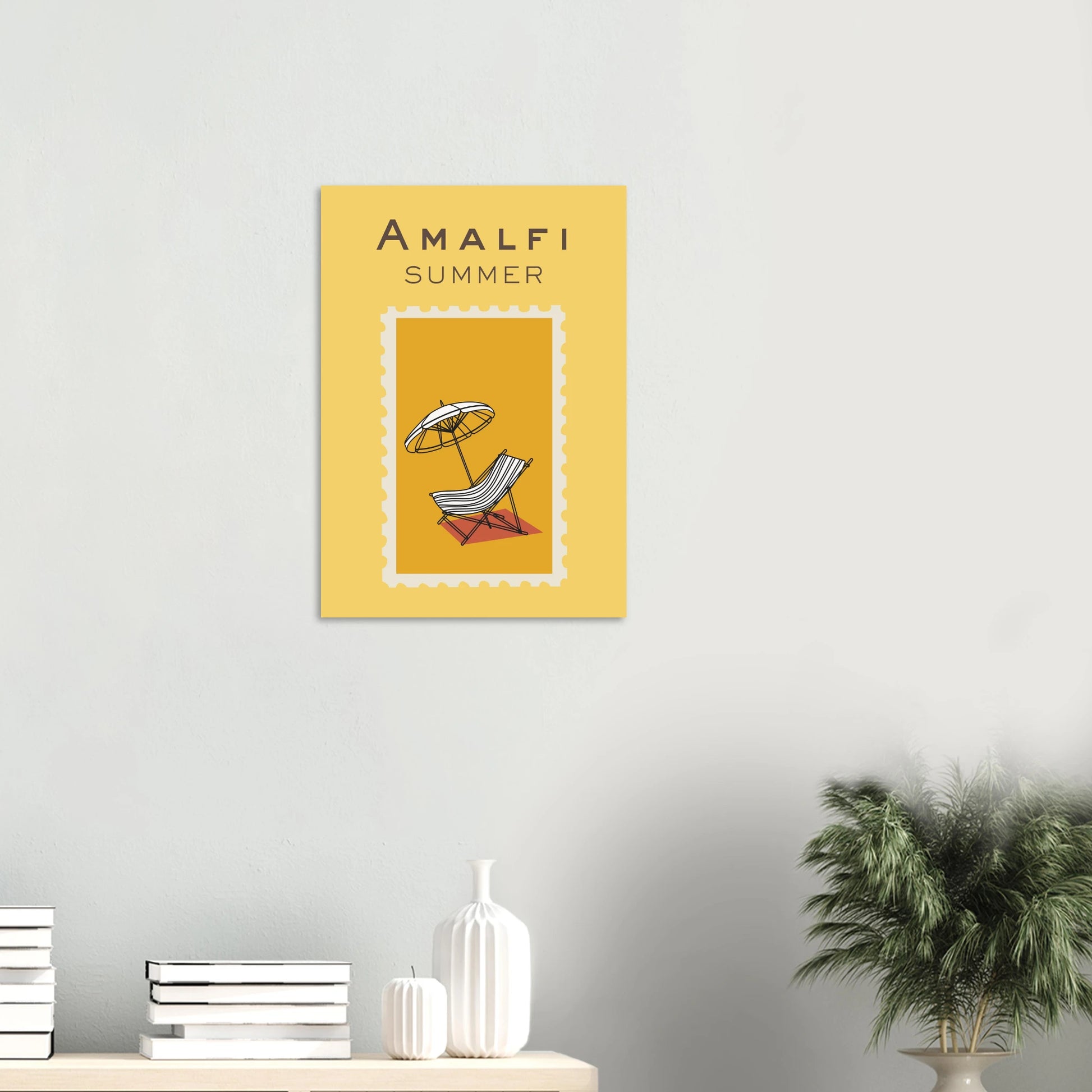 Retro postage stamp styled travel art print titled Amalfi Summer featuring an illustration of a beach deckchair and sun umbrella on a bright yellow background