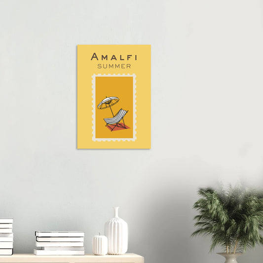 Retro postage stamp styled travel art print titled Amalfi Summer featuring an illustration of a beach deckchair and sun umbrella on a bright yellow background