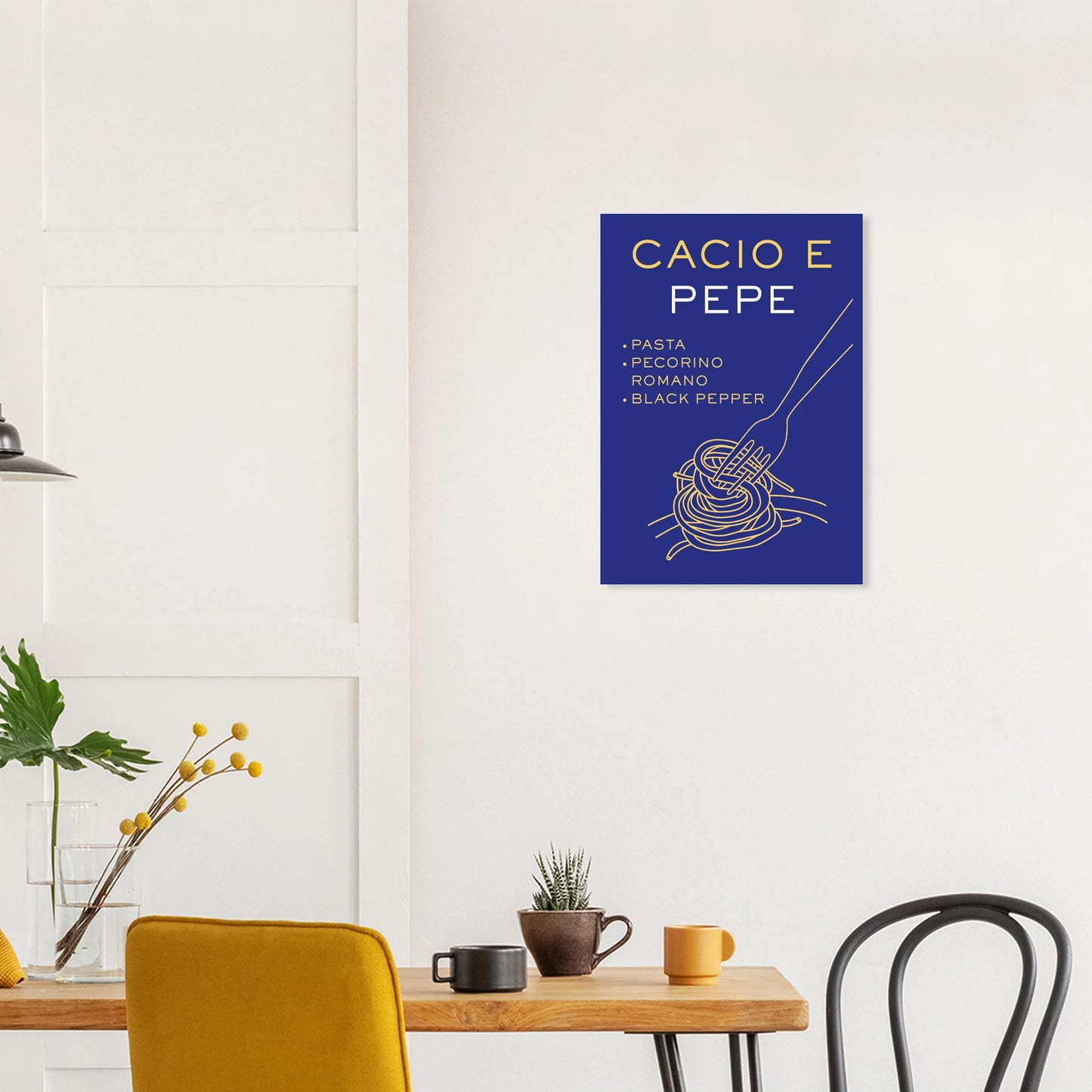 Aesthetic Italian food recipe art print titled Cacio e Pepe featuring an illustration of a fork twirling spaghetti over a solid cobalt blue background with clean typography.