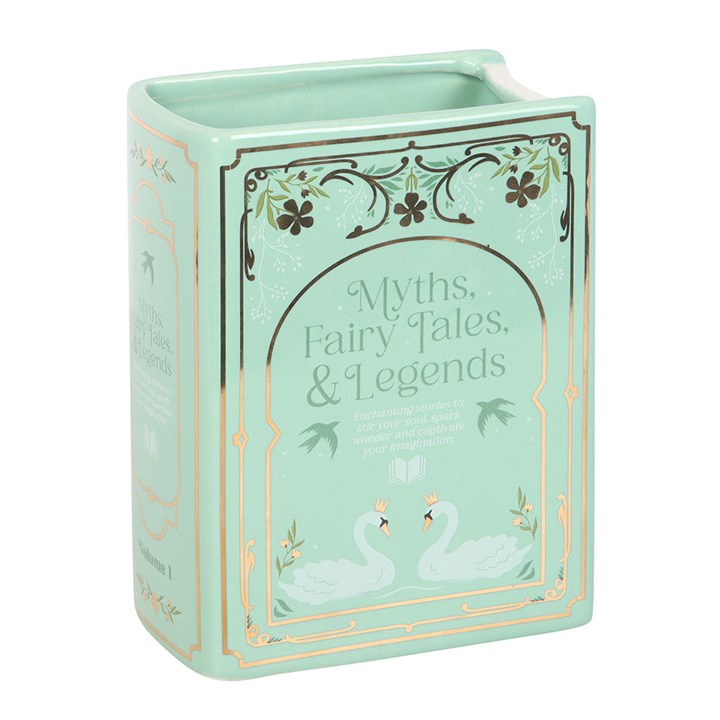 Sage green ceramic vase shaped like an upright fairytale book reading 'Myths, Fairy Tales, & Legends', on a white background.