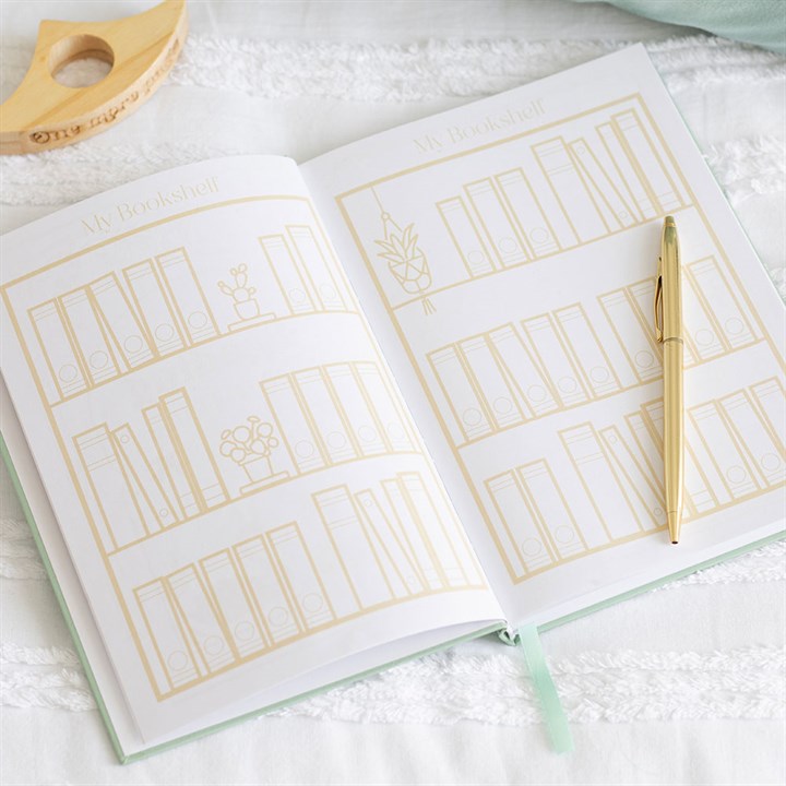 Open reading journal showing a 'My Bookshelf' tracking page with blank illustrated book outlines to color in, with a gold pen on top.