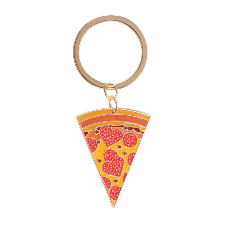 Gold-tone enamel keyring shaped like a pizza slice with red pepperoni toppings and a yellow cheese finish on a white background