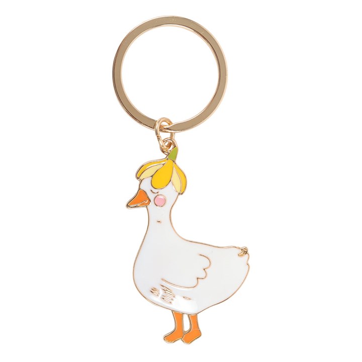 White enamel duck keyring wearing a yellow flower hat on a white background