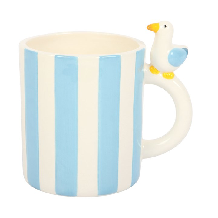 Pale blue and white vertical striped ceramic mug with a small 3D seagull figure perched on the handle on white background