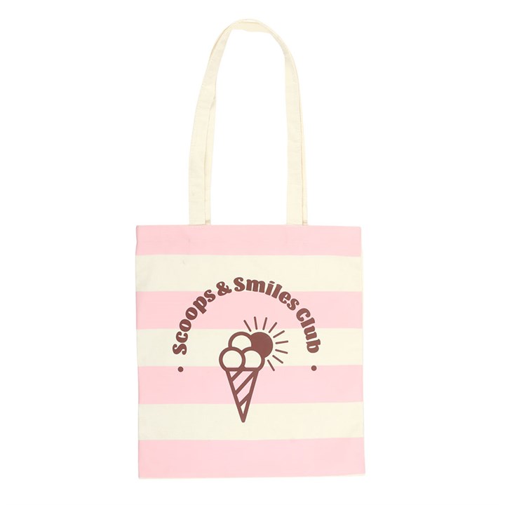 "Pink and cream horizontal striped tote bag with 'Scoops & Smiles Club' ice cream logo on the front on a white background