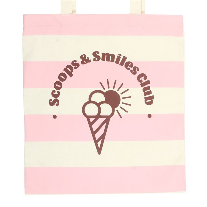 Close up of a Pink and cream horizontal striped tote bag with 'Scoops & Smiles Club' ice cream logo 