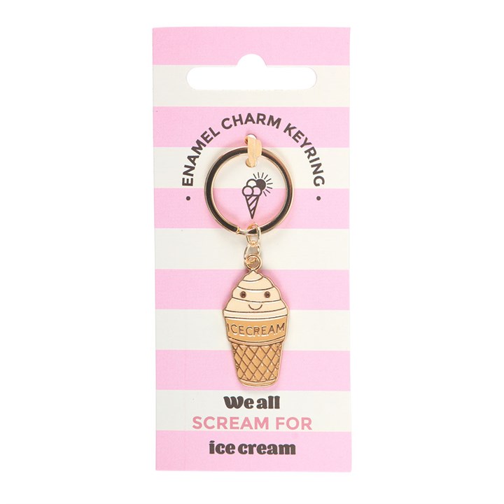 Cute enamel ice cream cone keyring on a pink and white striped card that says 'We all scream for ice cream' on white background