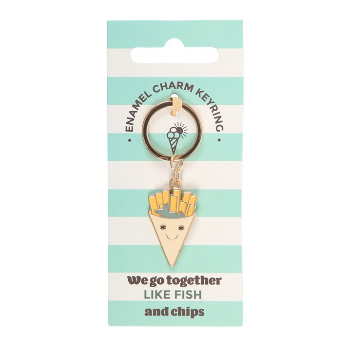 Enamel fish and chips cone keyring on a mint and white striped gift card that says 'We go together like FISH and chips', on white background