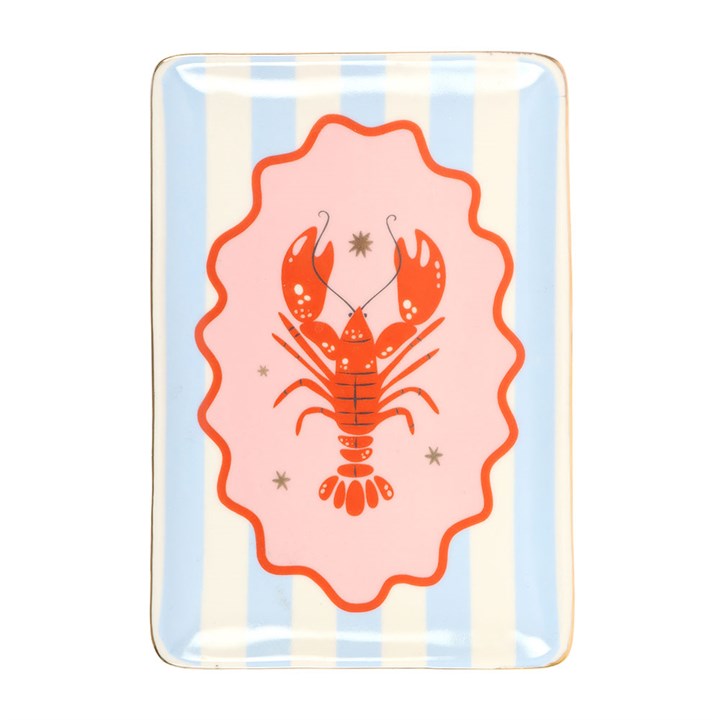 Rectangular ceramic trinket dish with a red lobster and light blue and white vertical stripes on white background
