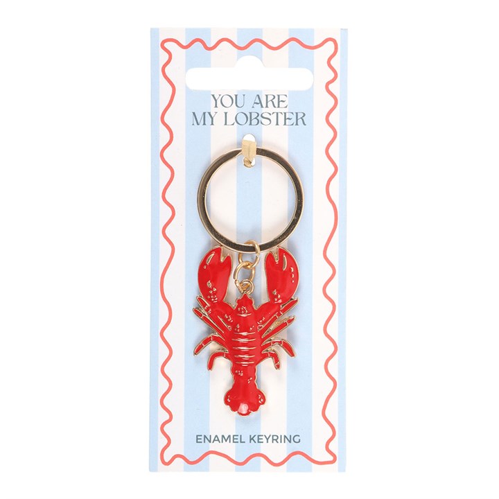 "Red enamel lobster keyring with gold-tone hardware on a blue and white striped backing card that says 'You Are My Lobster' on white background