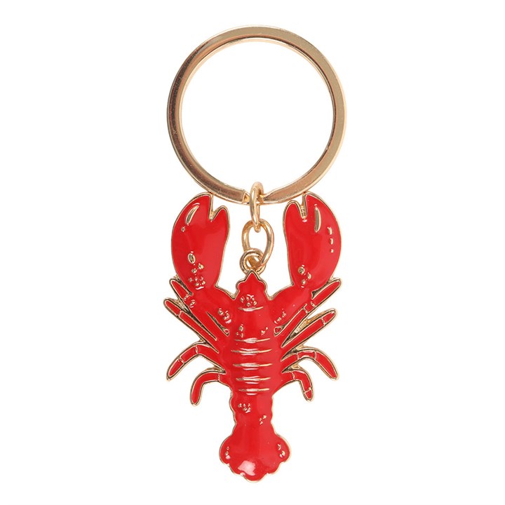 "Red enamel lobster keyring with gold-tone hardware on white background