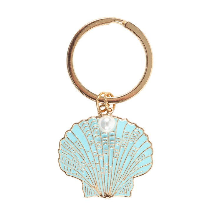 Mint green enamel clam shell keyring with a tiny faux pearl charm on a white background