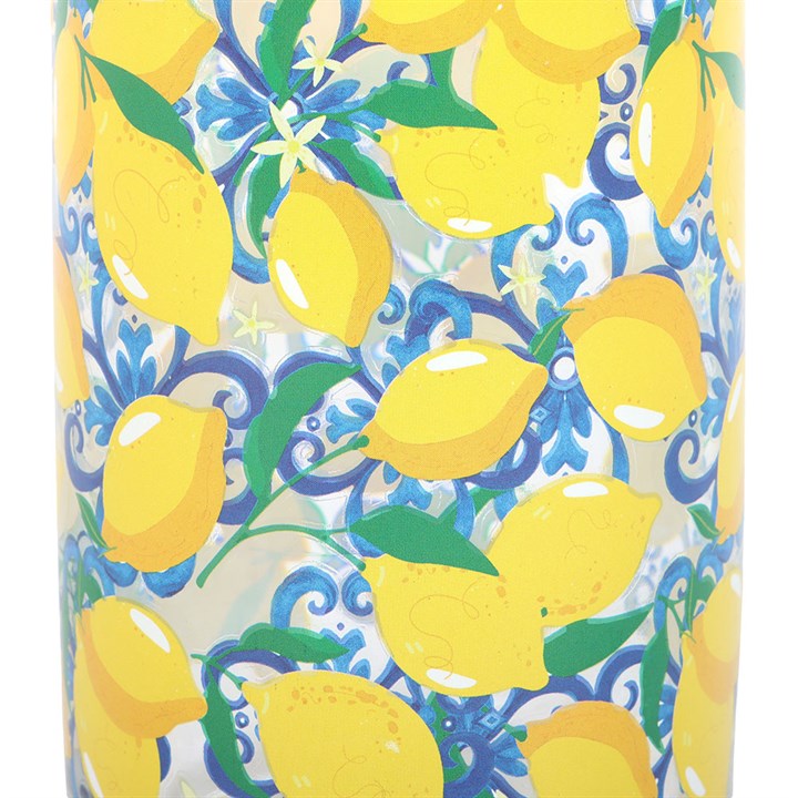 detail of pattern on Clear can-shaped glass with yellow lemon pattern, 500ml, Mediterranean style.