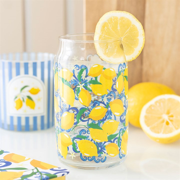 Clear can-shaped glass with yellow lemon pattern, 500ml, Mediterranean style.