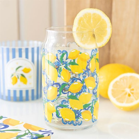 Clear can-shaped glass with yellow lemon pattern, 500ml, Mediterranean style.