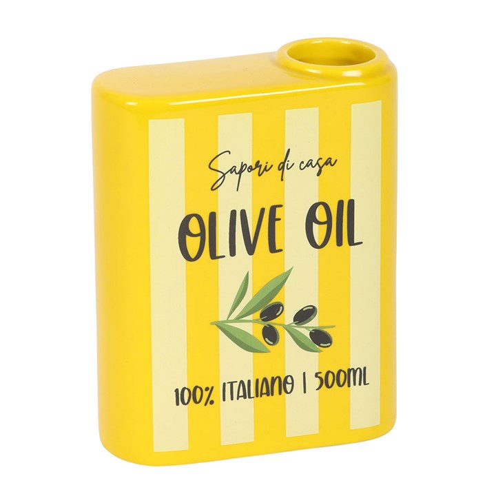 yellow striped ceramic olive oil tin shaped vase with olive illustration