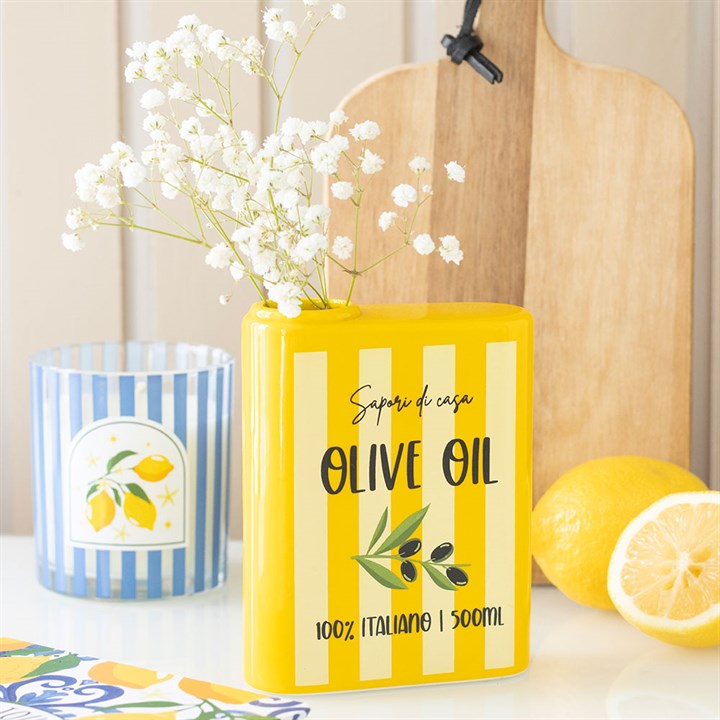 yellow striped ceramic olive oil tin shaped vase with olive illustration