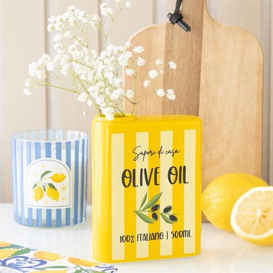 yellow striped ceramic olive oil tin shaped vase with olive illustration