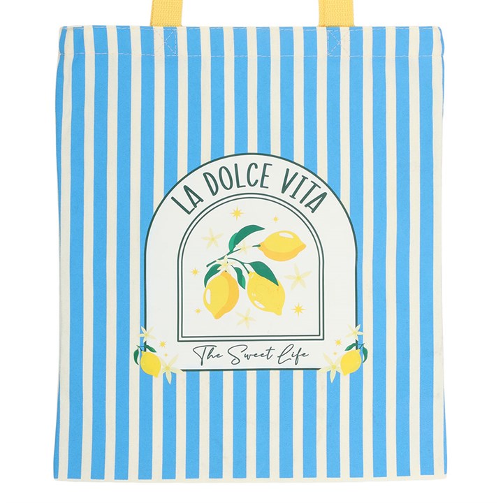 Polycotton tote bag with horizontal  blue stripes and  close up 'La Dolce Vita' text in the centre.