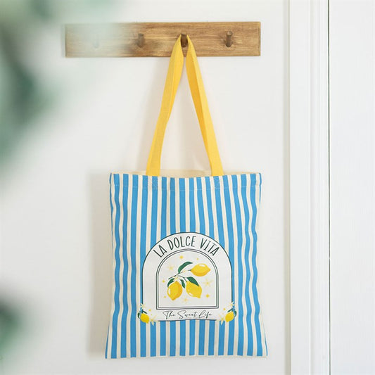 Polycotton tote bag with horizontal  blue stripes and 'La Dolce Vita' text in the centre