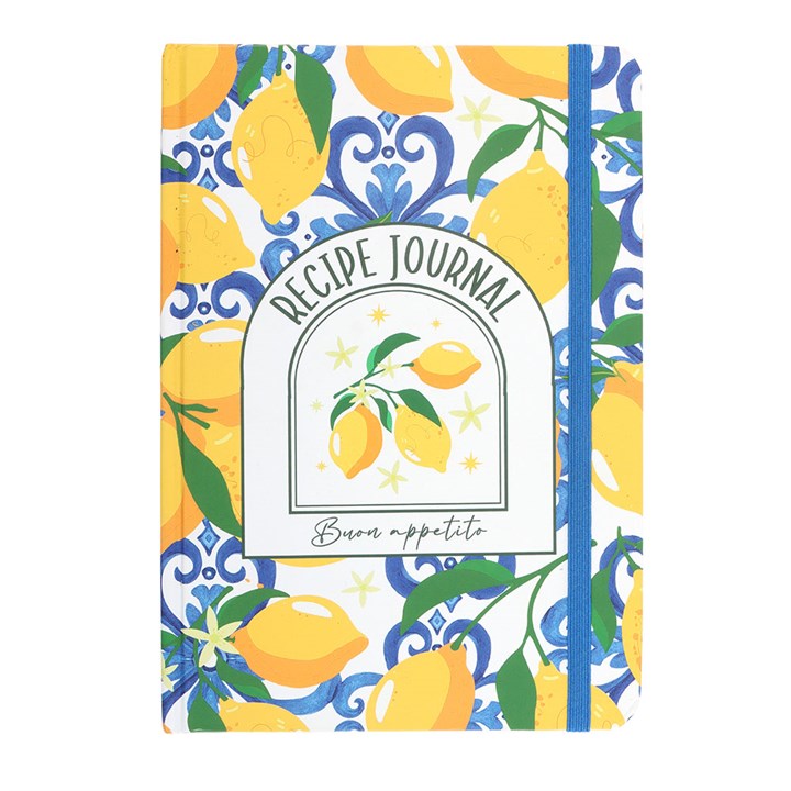 A5 recipe journal with a vibrant yellow lemon print cover and 120 lined pages on white background