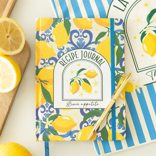 A5 recipe journal with a vibrant yellow lemon print cover and 120 lined pages.