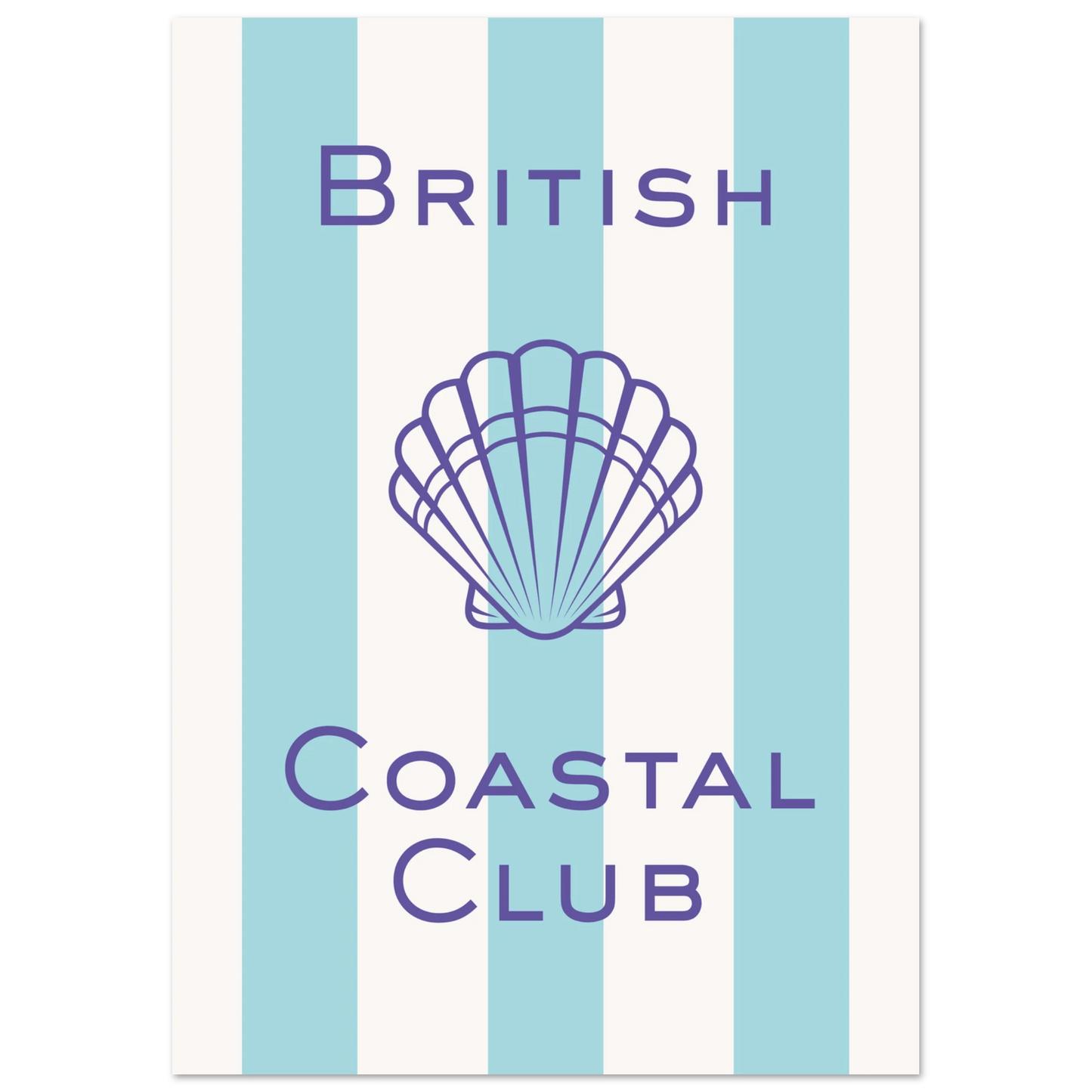 Aesthetic coastal art print titled British Coastal Club featuring a purple geometric scallop shell illustration and matching thin border over a light blue and white vertically striped background.