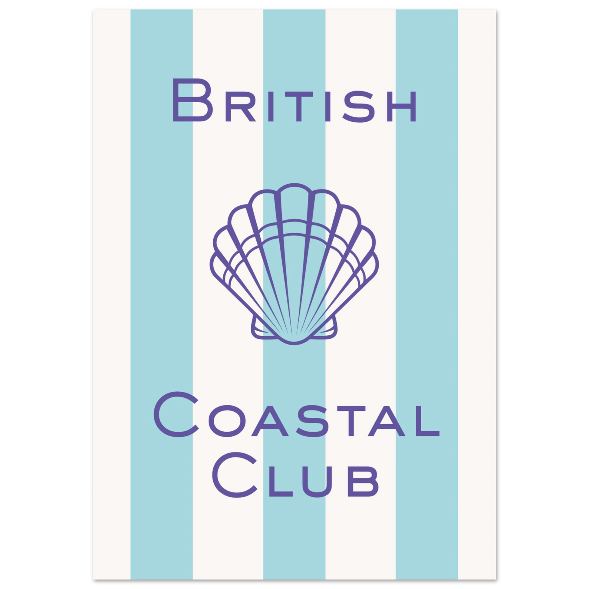 Aesthetic coastal art print titled British Coastal Club featuring a purple geometric scallop shell illustration and matching thin border over a light blue and white vertically striped background.