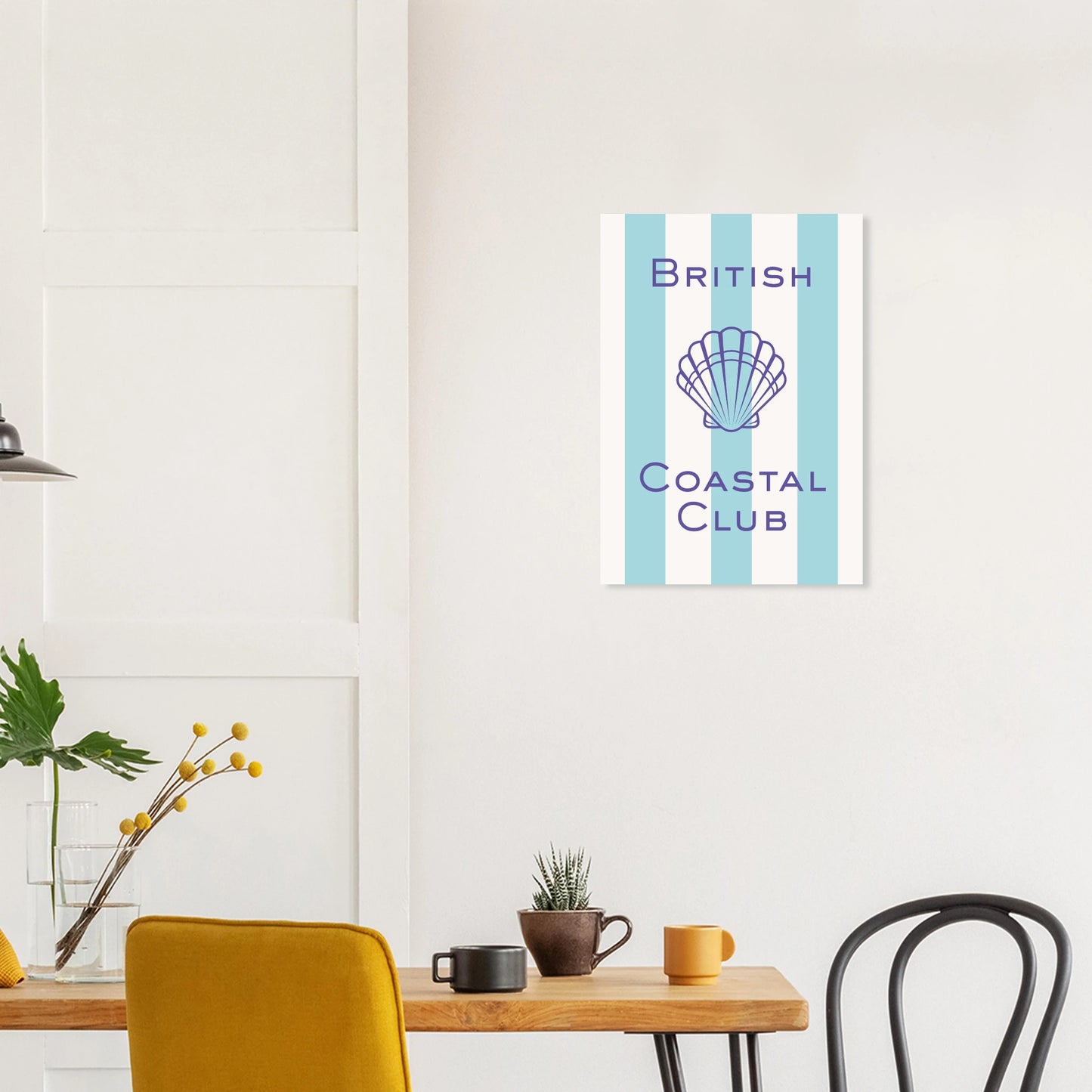 Aesthetic coastal art print titled British Coastal Club featuring a purple geometric scallop shell illustration and matching thin border over a light blue and white vertically striped background.