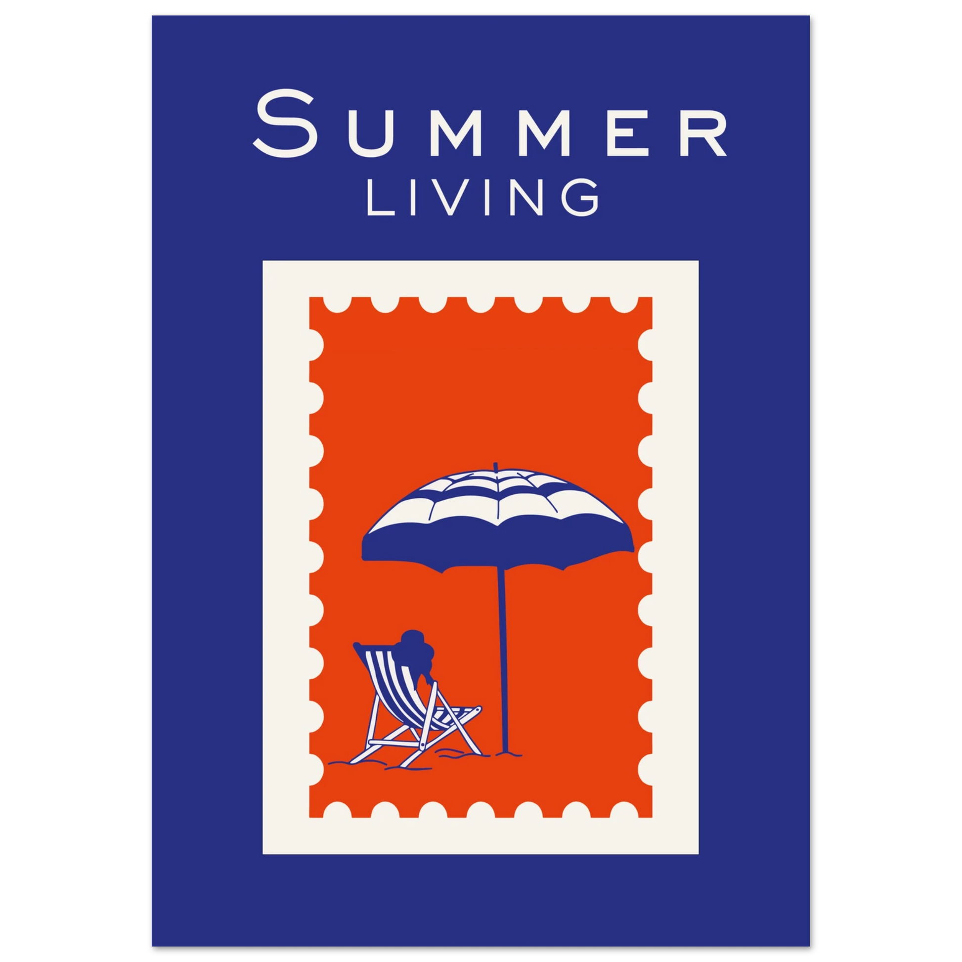 Retro postage stamp styled travel art print reading Summer Living featuring a blue and white striped deckchair and sun umbrella graphic over a red stamp with a cobalt blue background.