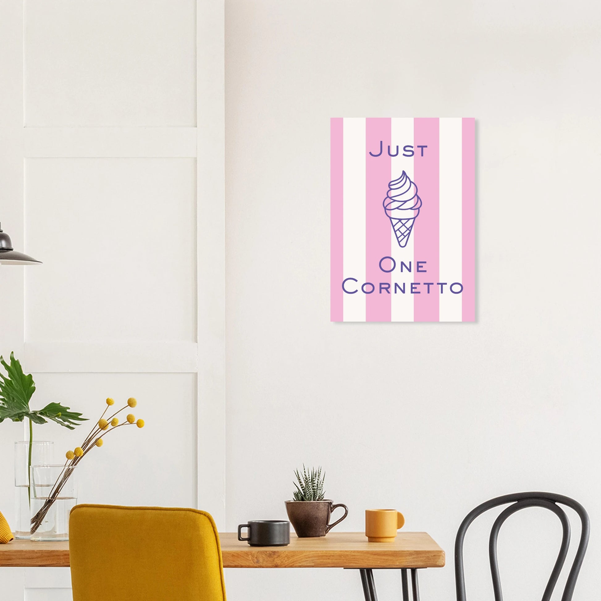 Retro typography art print reading Just One Cornetto featuring a purple soft-serve ice cream cone graphic over a pink and white striped background.