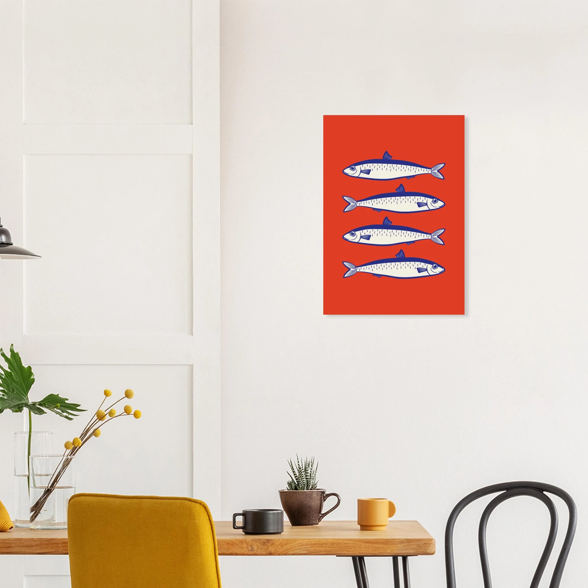 Aesthetic coastal art print featuring a vertical stack of four blue and white sardine fish illustrations over a bold, solid red background.