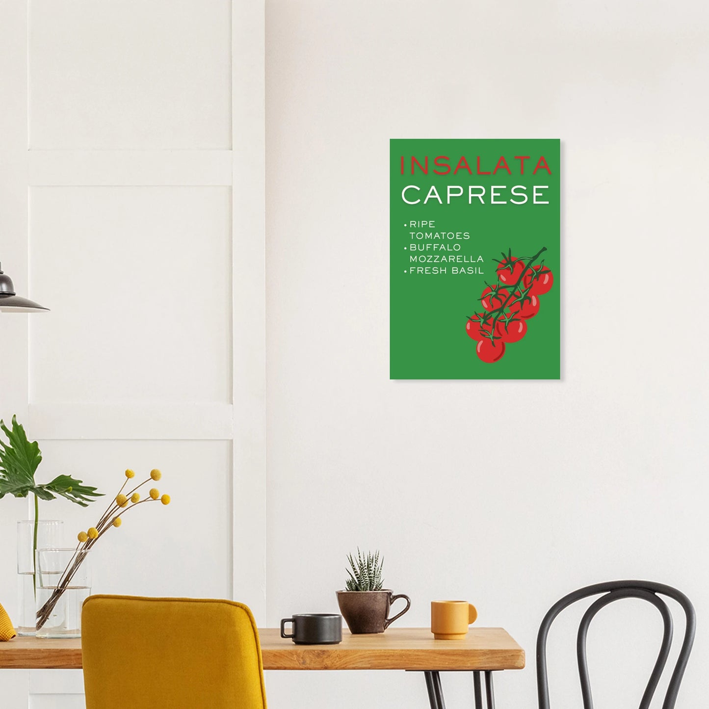 Aesthetic Italian food recipe art print titled Insalata Caprese featuring an illustration of red vine tomatoes over a solid green background with clean typography.